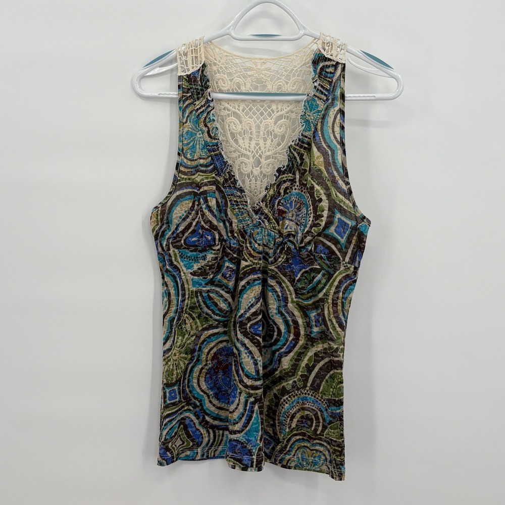Eyeshadow Womens‎ Blue Green Paisley Crochet Lace Back Ruffle V-Neck Tank Top M